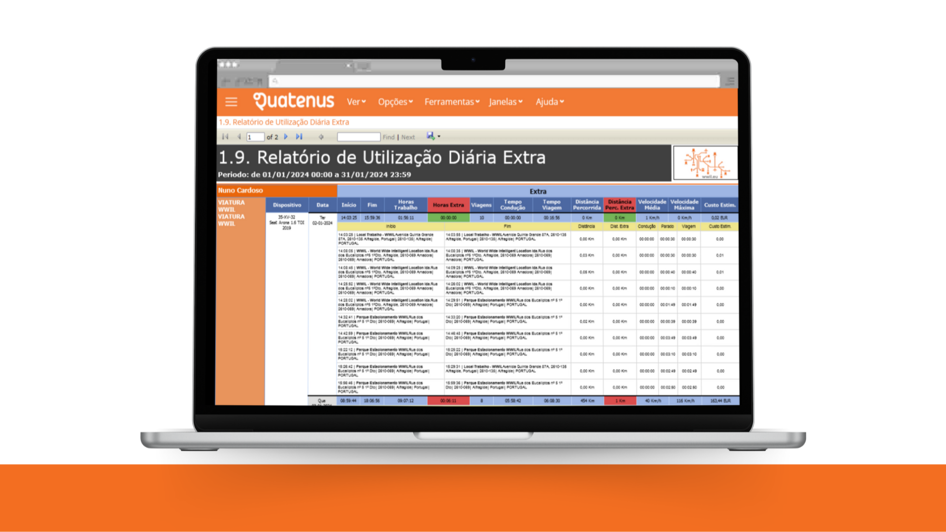 Portátil com relatório diário da plataforma Quatenus, mostrando registos de utilização e controlo operacional
